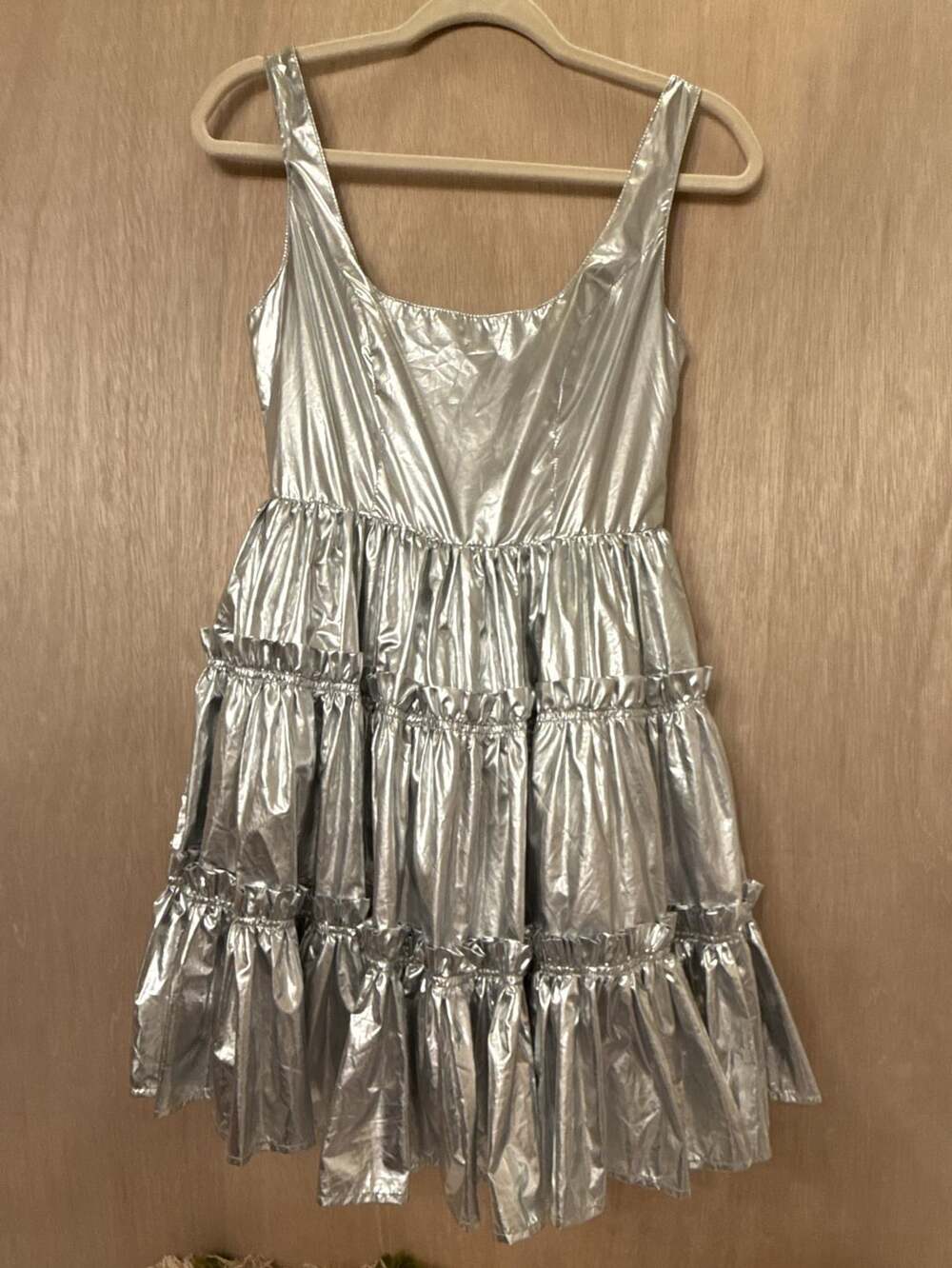 Amy Lynn Tiered Metallic Faux-Leather Mini Dress In Silver - 46% Off